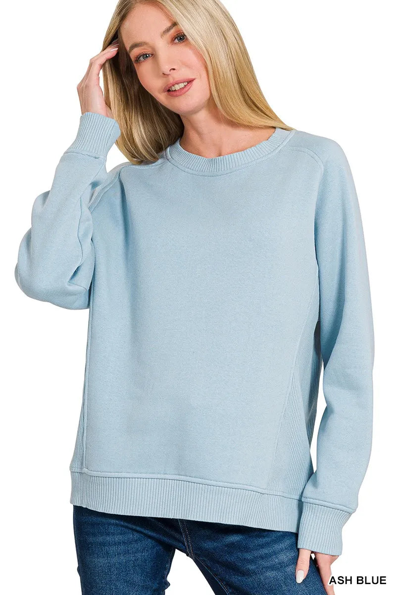 Zenana Fleece Round Neck Ribbed Side Raglan Sweatshirt - Sydney So Sweet