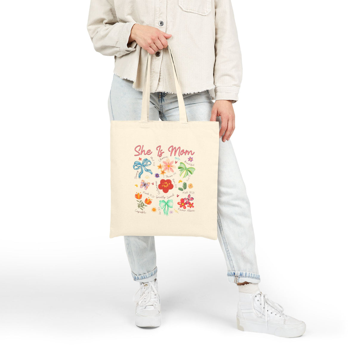 She Is Mom Floral Christian Women's Cotton Canvas Tote Bag