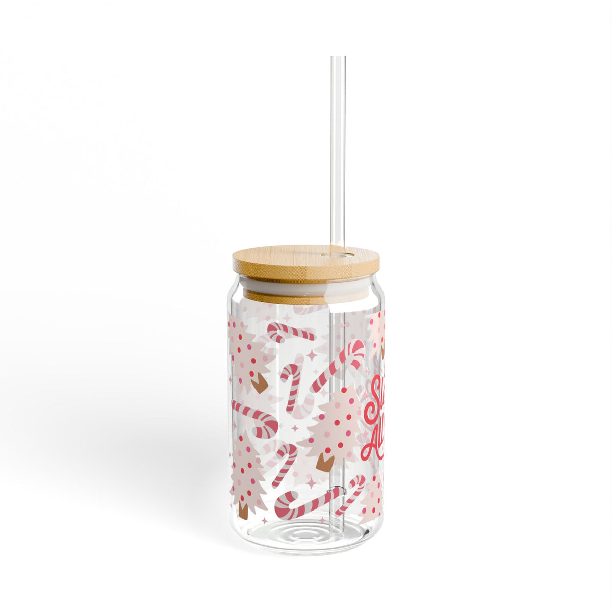 Sleight All Day Christmas Sipper Glass 16oz Reusable Drink Jar with Lid & Straw