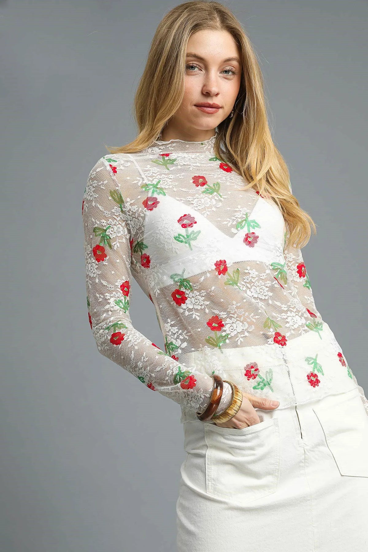 Umgee Floral Mock Neck Long Sleeve Sheer Top - Sydney So Sweet
