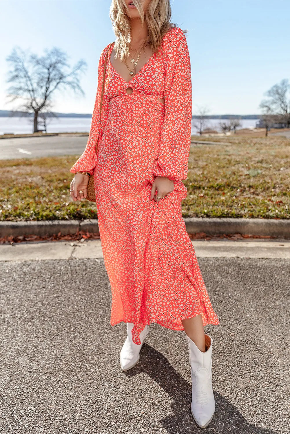 Printed V-Neck Long Sleeve Midi Dress - Sydney So Sweet