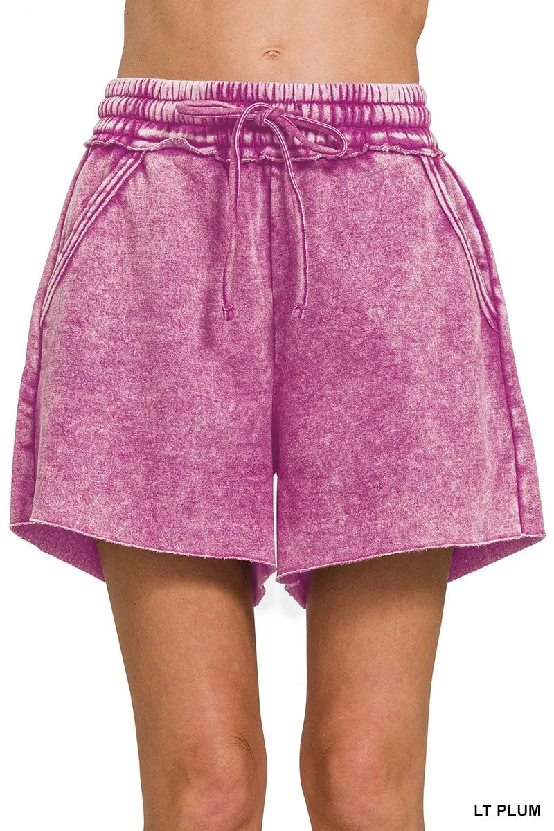 Zenana Acid Wash Fleece Drawstring Shorts With Pockets - Sydney So Sweet
