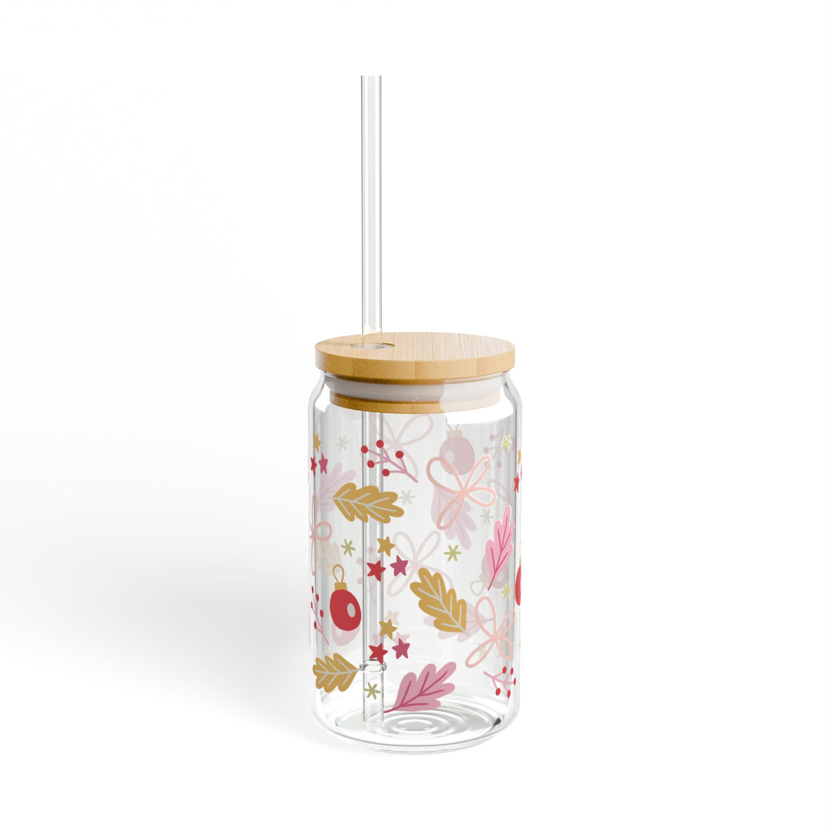 Cheerful Christmas Sipper Glass 16oz Reusable Drink Jar with Lid & Straw