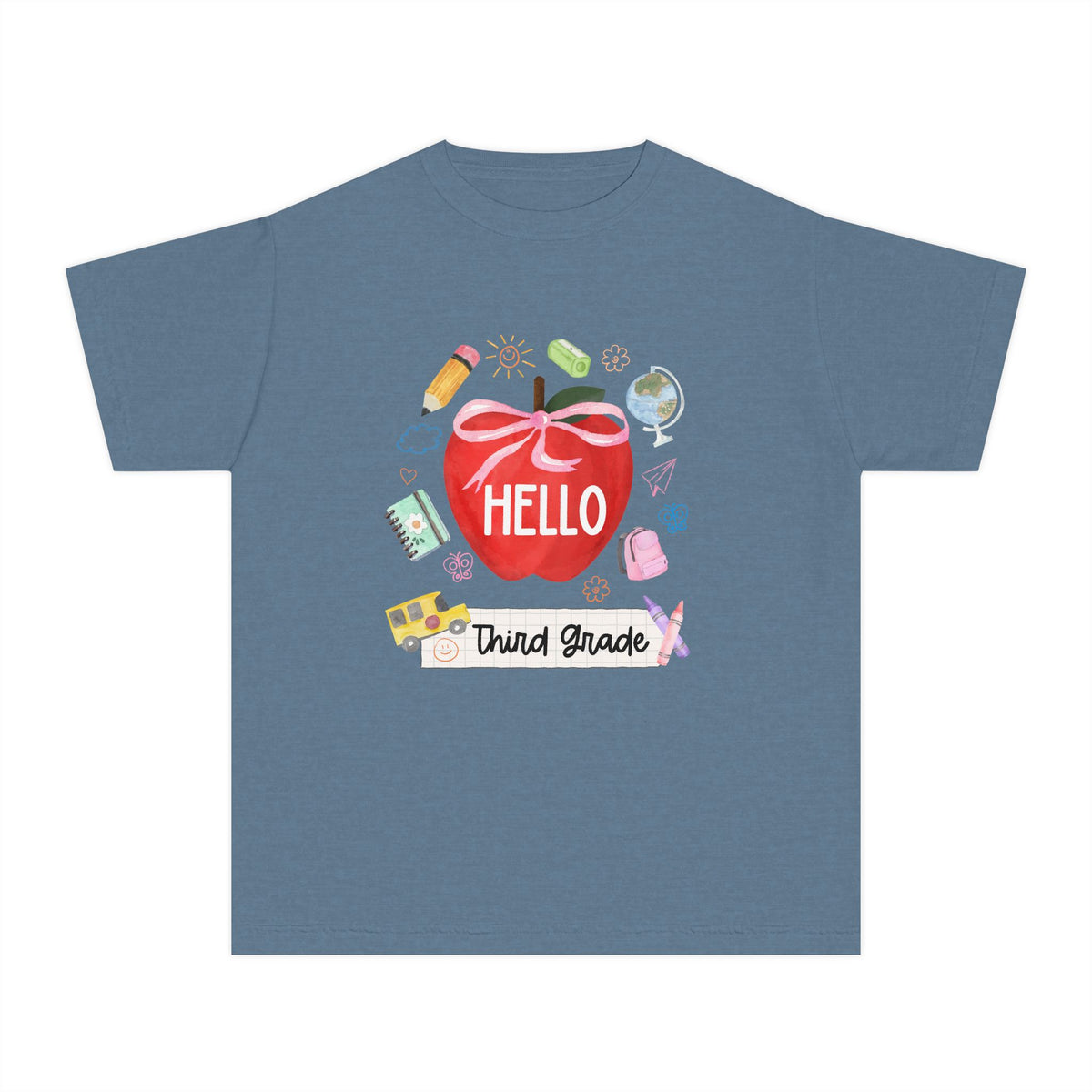 Hello Third Grade Preppy Coquette Apple Graphic Tee Back to School 3rd Grade T-Shirt