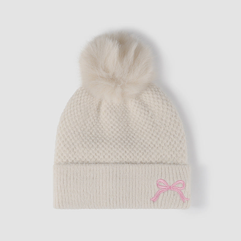 Thermal Bow Knit Hat with Pompom - Sydney So Sweet