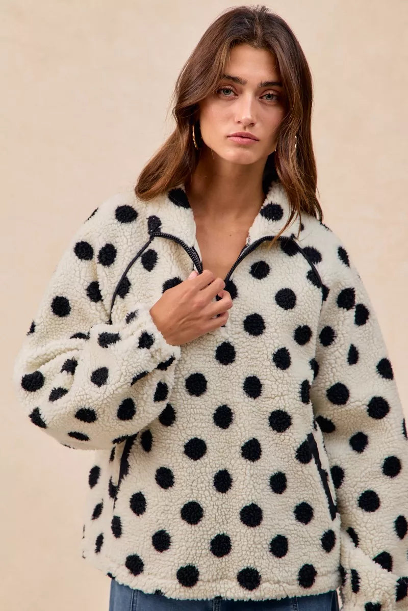 BiBi Polka Dot Sherpa Half Zip Up Top with Side Pocket - Sydney So Sweet