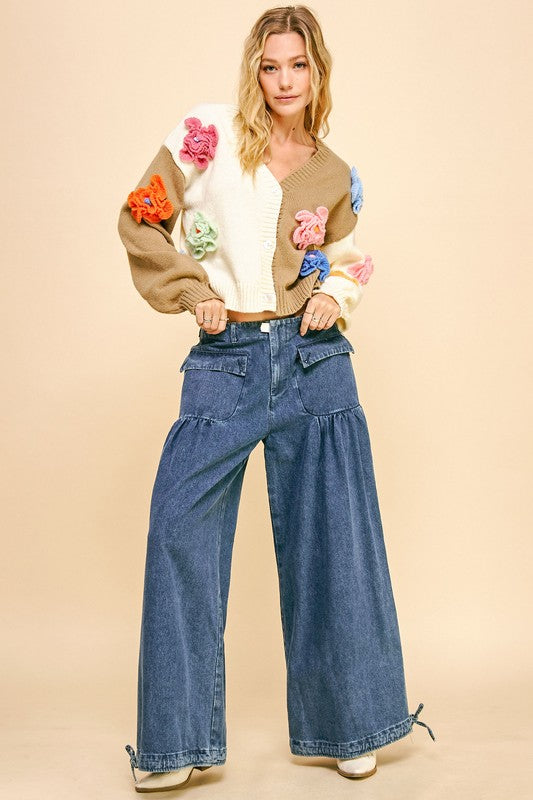 Davi & Dani Drawstring Hem Wide Leg Mid Rise Jeans - Sydney So Sweet