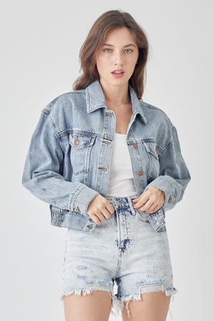 RISEN Full Size Button Down Cropped Denim Jacket - Sydney So Sweet