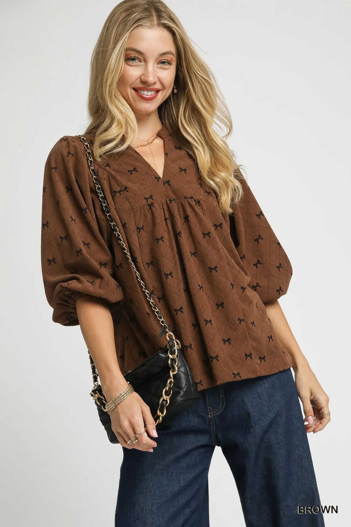 Umgee Corduroy Bow Print Balloon Sleeve Blouse - Sydney So Sweet