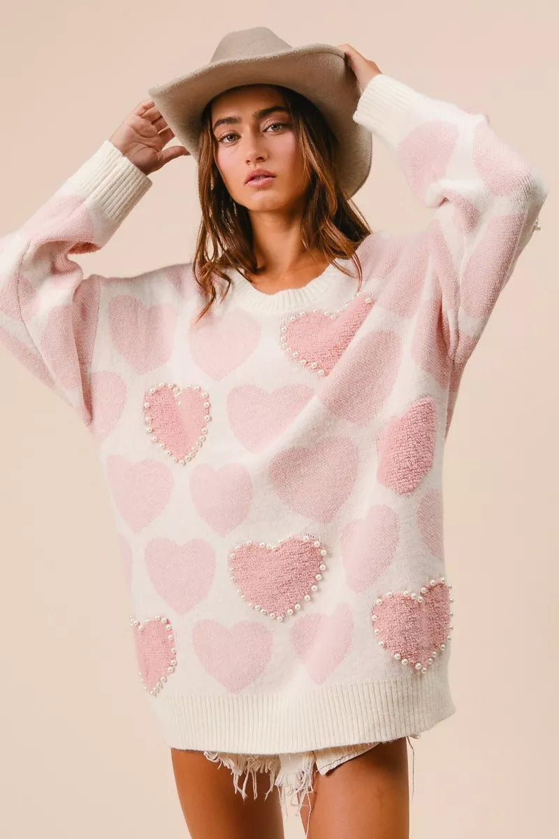 BiBi Heart Pattern Sweater with Pearl Detail - Sydney So Sweet