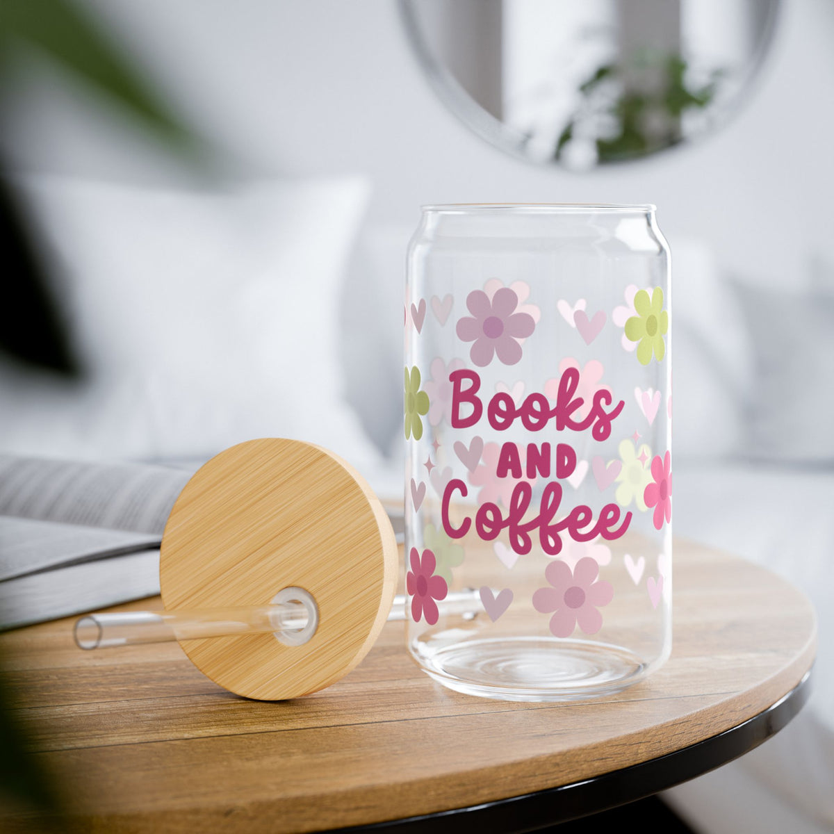 Books and Coffee Tumbler Sipper Glass 16oz — Reusable Drink Jar with Lid & Straw - Sydney So Sweet