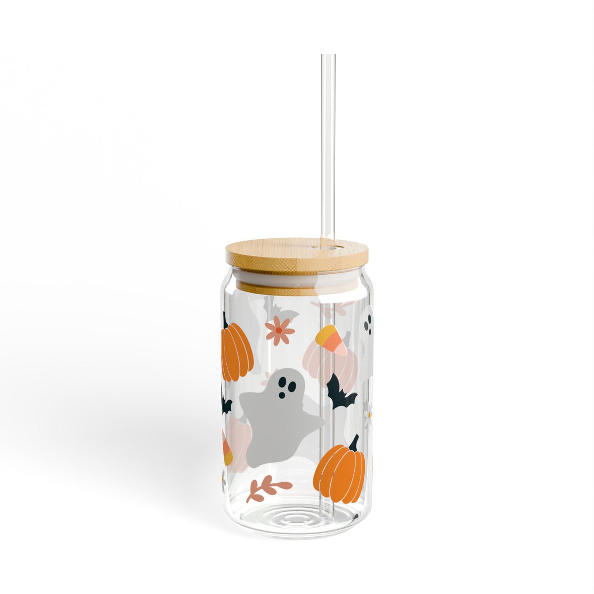 Halloween Classic Ghost & Pumpkin Sipper Glass 16oz Reusable Drink Jar with Lid & Straw