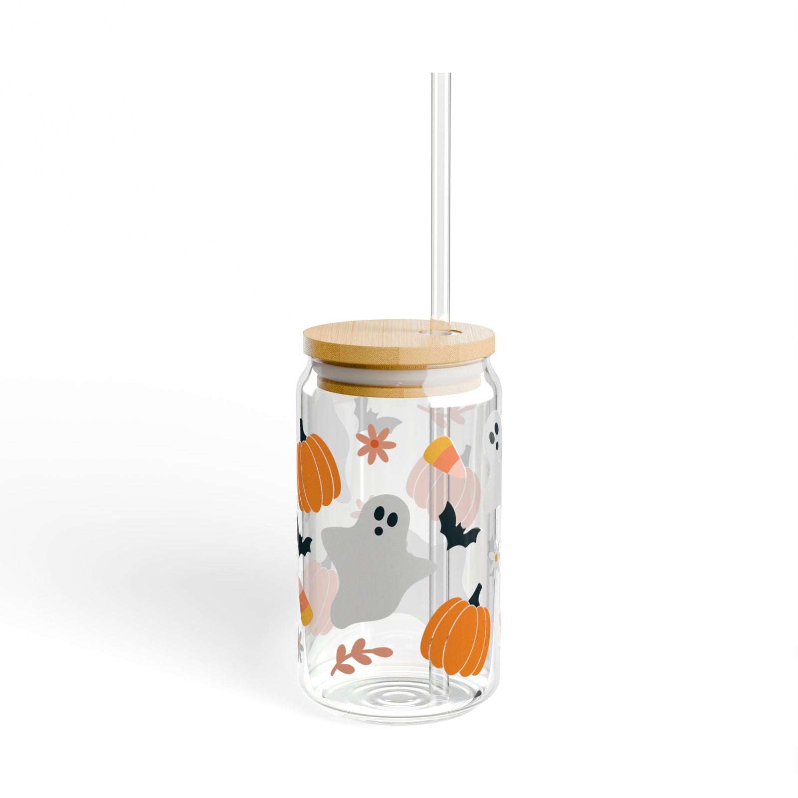 Halloween Classic Ghost & Pumpkin Sipper Glass 16oz Reusable Drink Jar with Lid & Straw