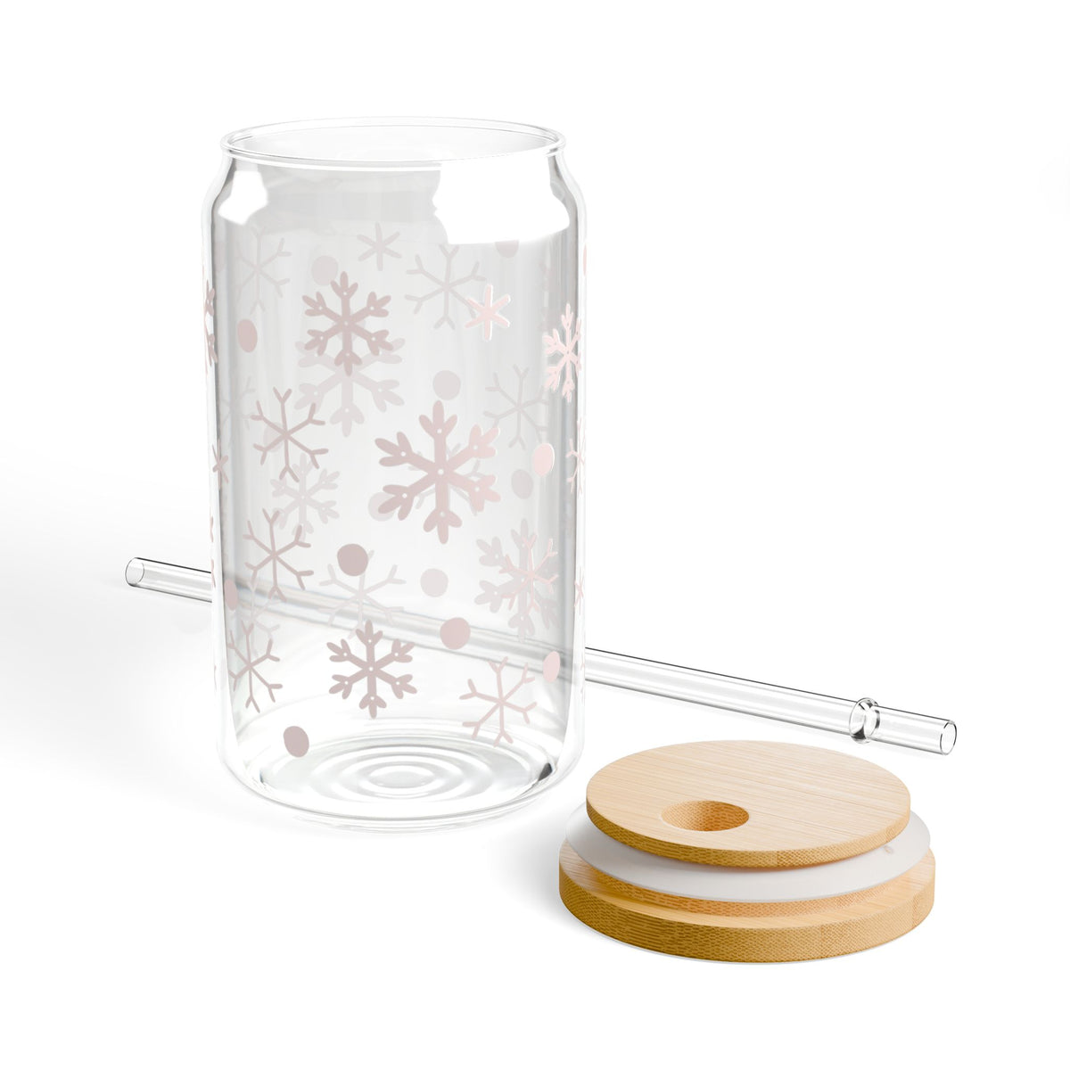 Winter Wonder Snowflakes Sipper Glass 16oz Reusable Drink Jar with Lid & Straw