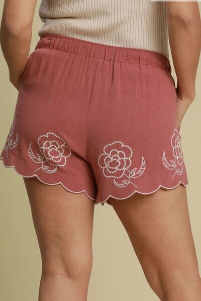 Umgee Full Size Linen Blend Shorts with Floral Embroidered Details Plus Size - Sydney So Sweet