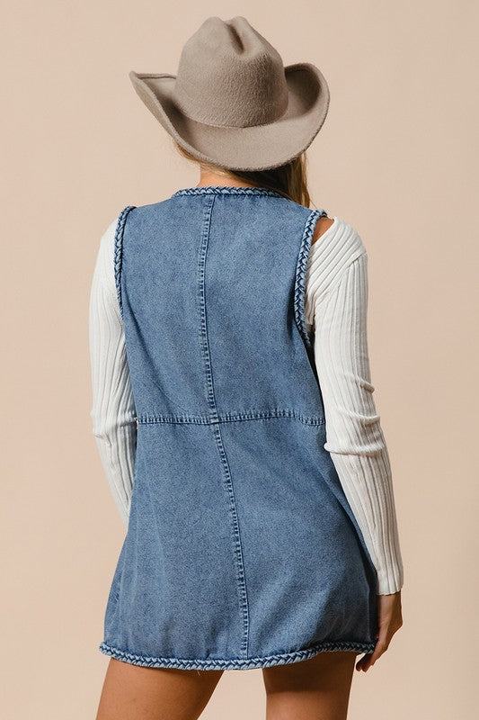 BiBi Braided Trim Open Front Denim Vest with Pockets - Sydney So Sweet