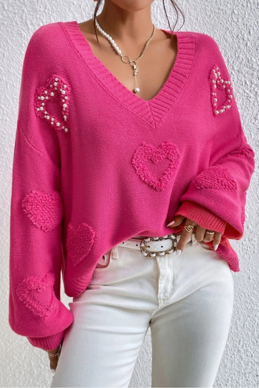 Pearl Trim Heart V-Neck Sweater - Sydney So Sweet