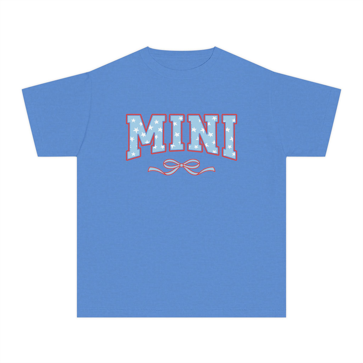 Mini 4th of July USA Coquette Varsity Blue Bow Patriotic T-shirt Preppy Star Tee