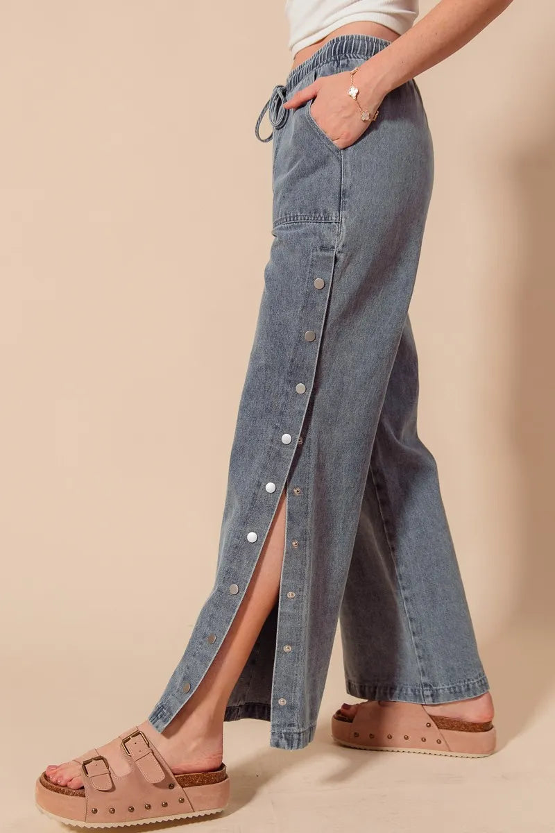 SO ME Mid Rise Drawstring Jeans with Side Snap Button - Sydney So Sweet