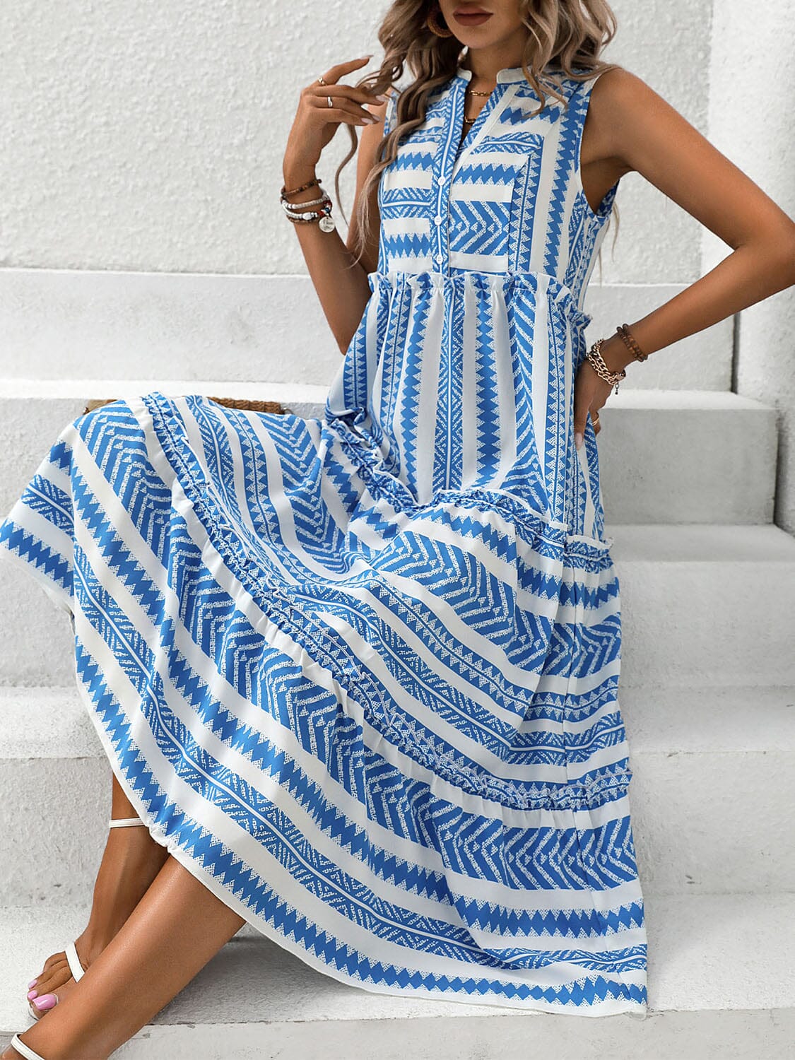 Frill Printed Notched Sleeveless Dress - Sydney So Sweet