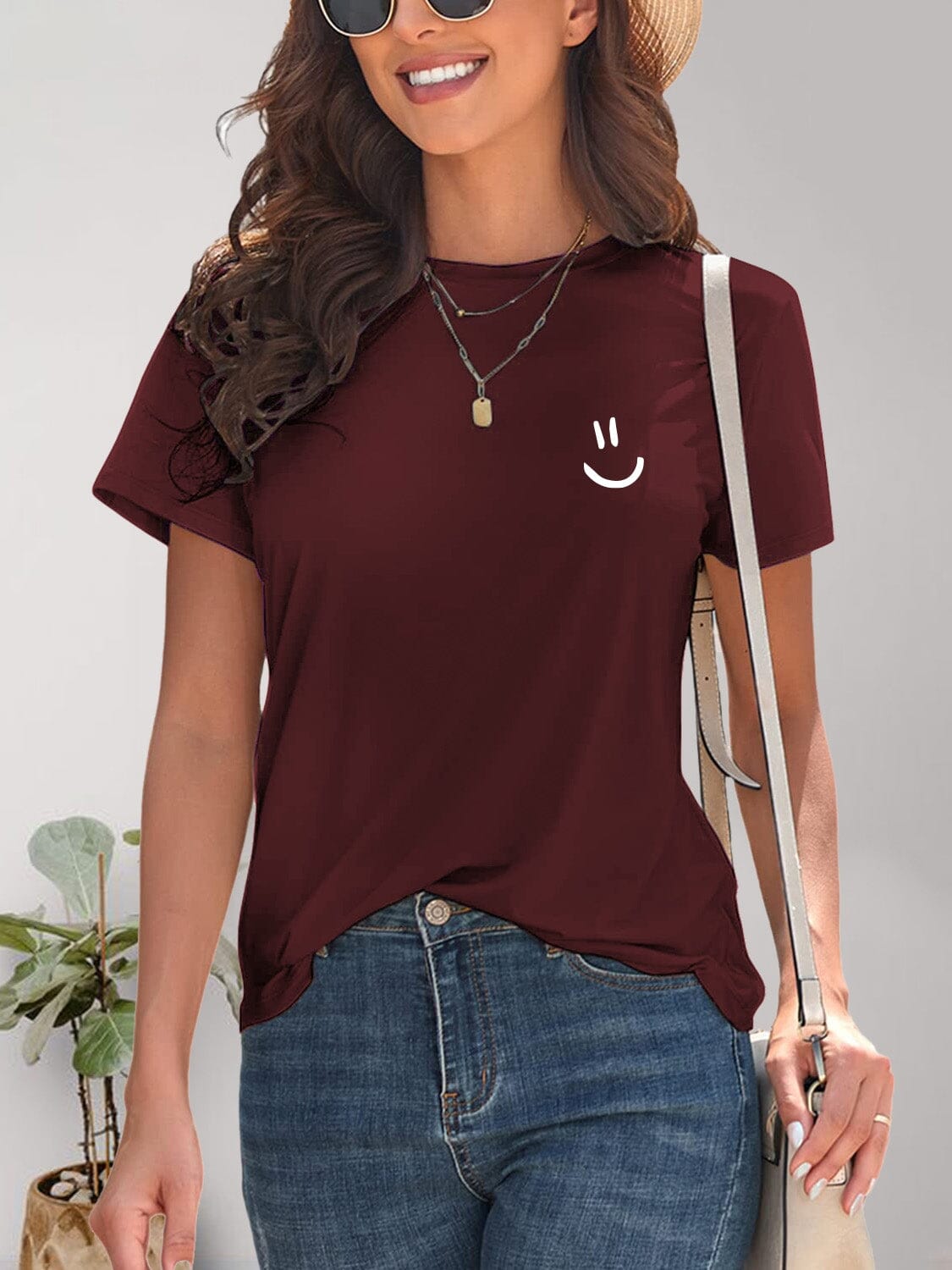 Smile Graphic Round Neck Short Sleeve T-Shirt - Sydney So Sweet