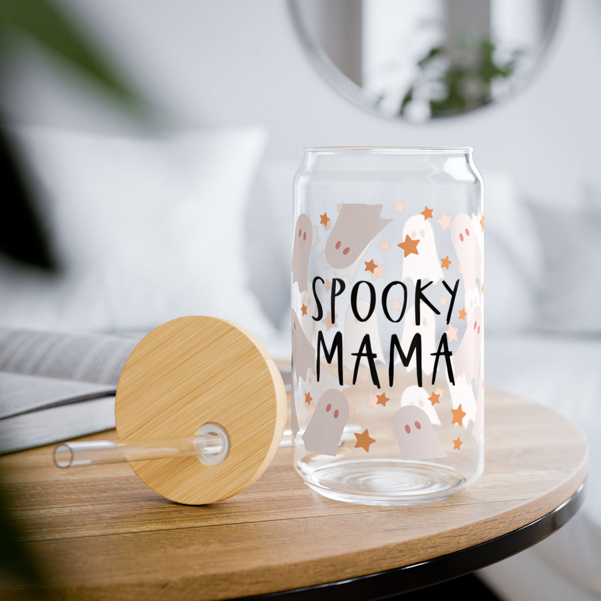 Spooky Mama Halloween Sipper Glass 16oz Reusable Drink Jar with Lid & Straw
