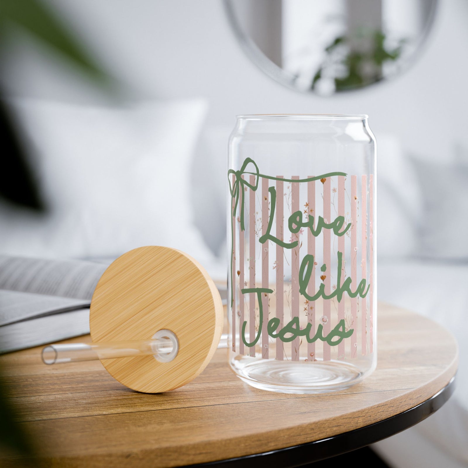 Love Like Jesus Pink Stripe Sipper Glass 16oz Reusable Drink Jar with Lid & Straw