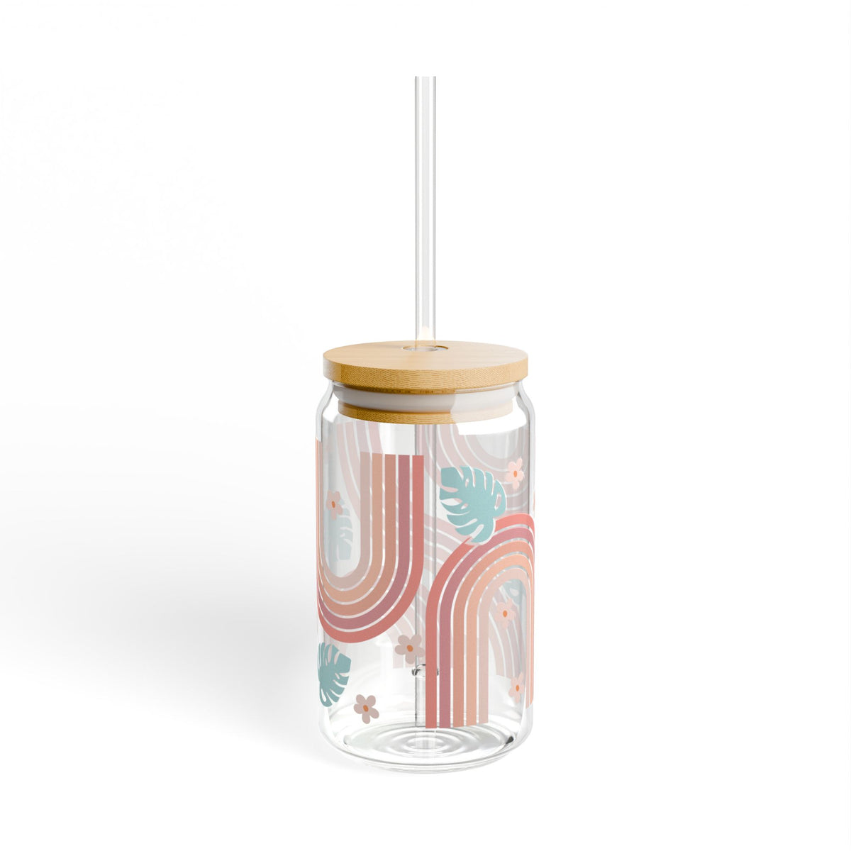 Boho Retro Rainbow Tumbler Sipper Glass 16oz — Reusable Drink Jar with Lid & Straw