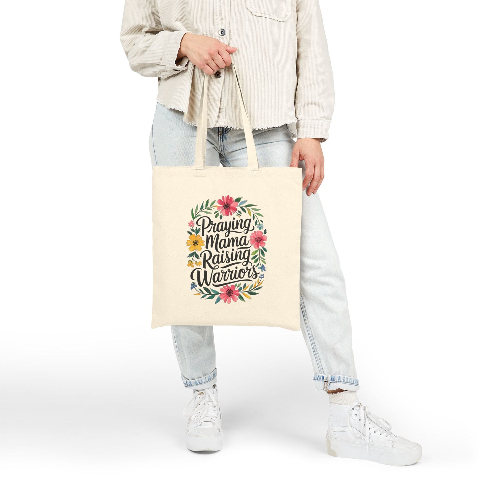 Praying Mama Raising Warriors Tote Bag Floral Inspirational Cotton Canvas Shopper