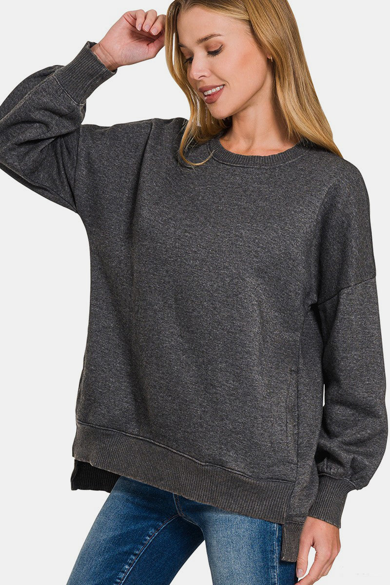 Zenana High-Low Acid Wash Fleece Sweatshirt - Sydney So Sweet