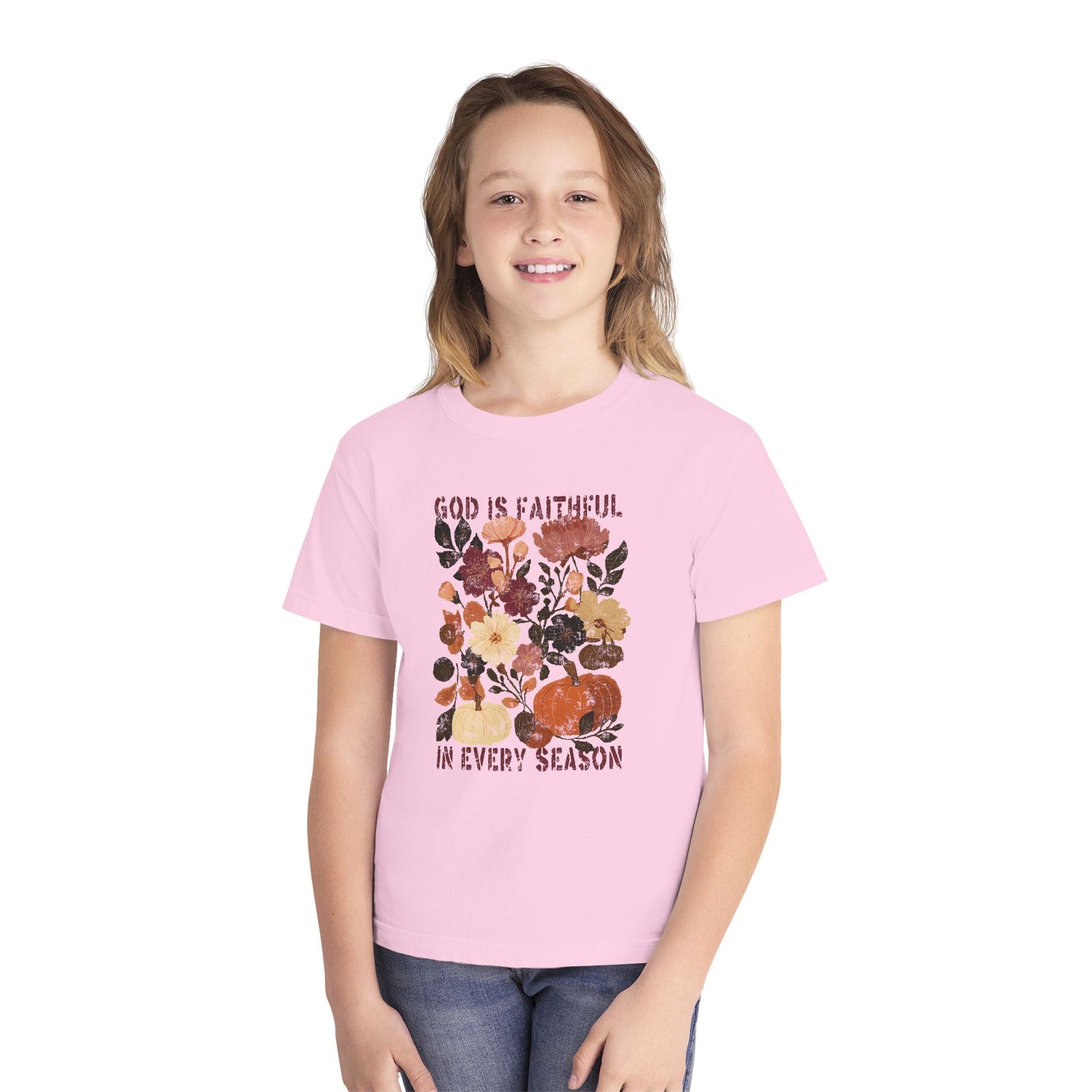 God is Faithful Floral Pumpkin T-Shirt Christian Distressed Fall Kids Graphic Tee