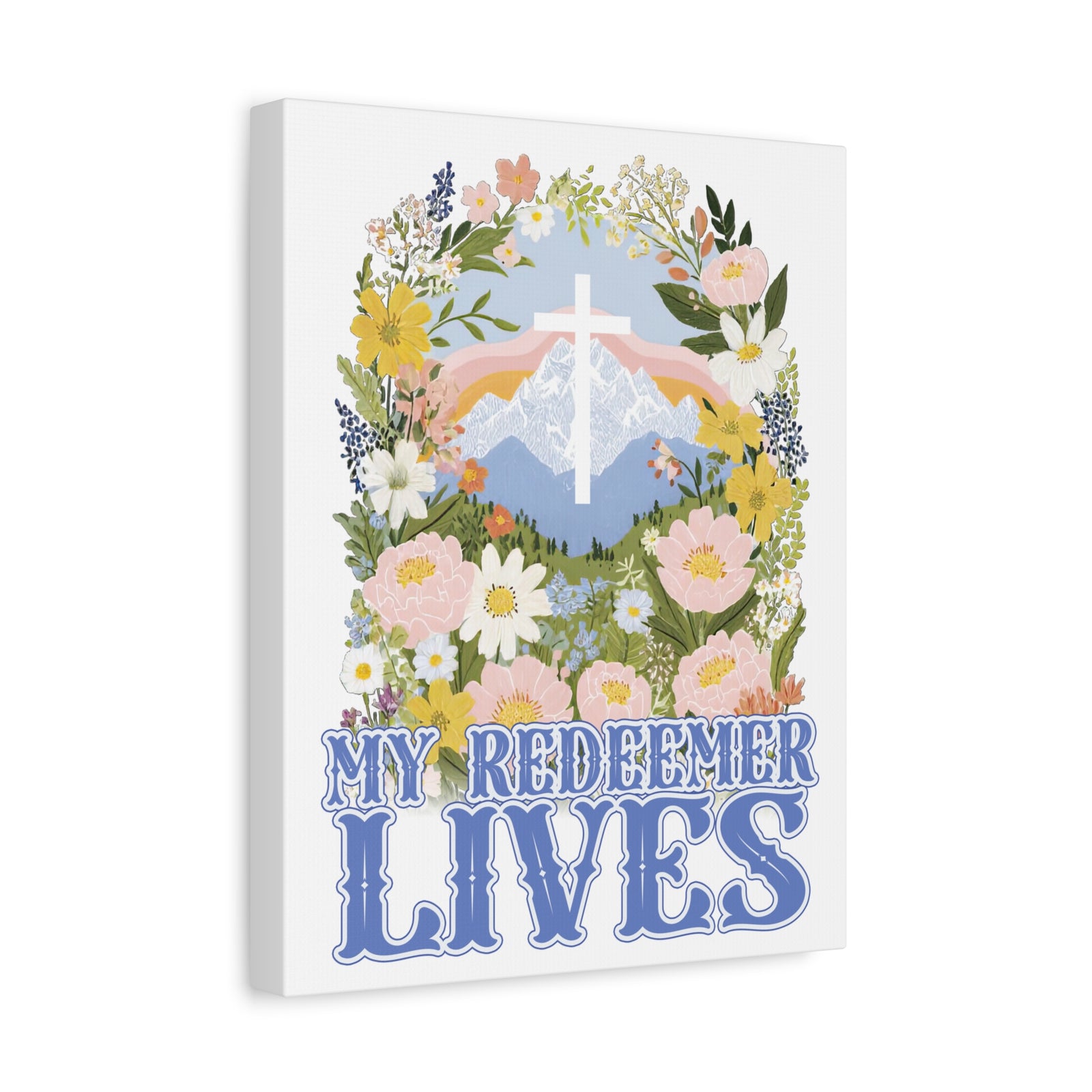 My Redeemer Lives Canvas Wall Art Floral Cross Christian Inspirational Print