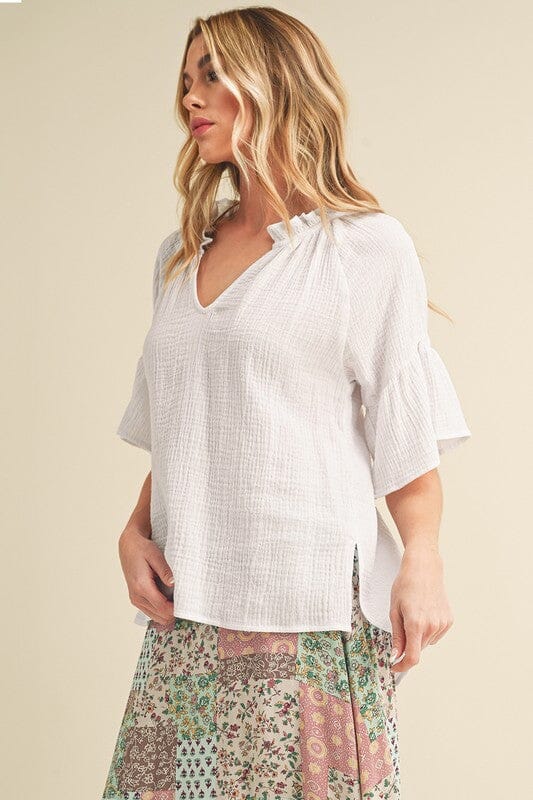 Aemi + Co Side Slit Notched Ruffled Half Sleeve Blouse - Sydney So Sweet