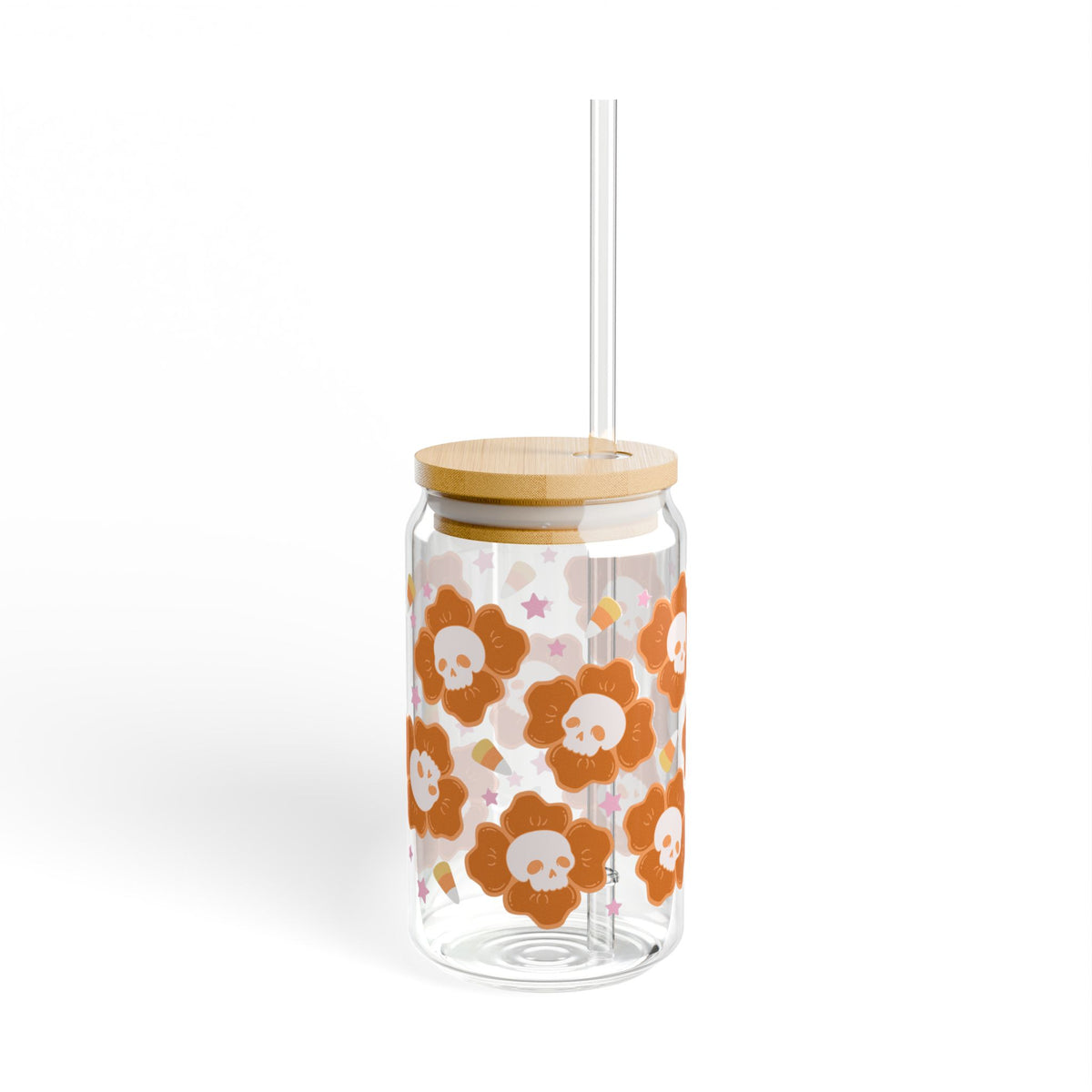 Spooky Skull Floral Halloween Sipper Glass 16oz Reusable Drink Jar with Lid & Straw