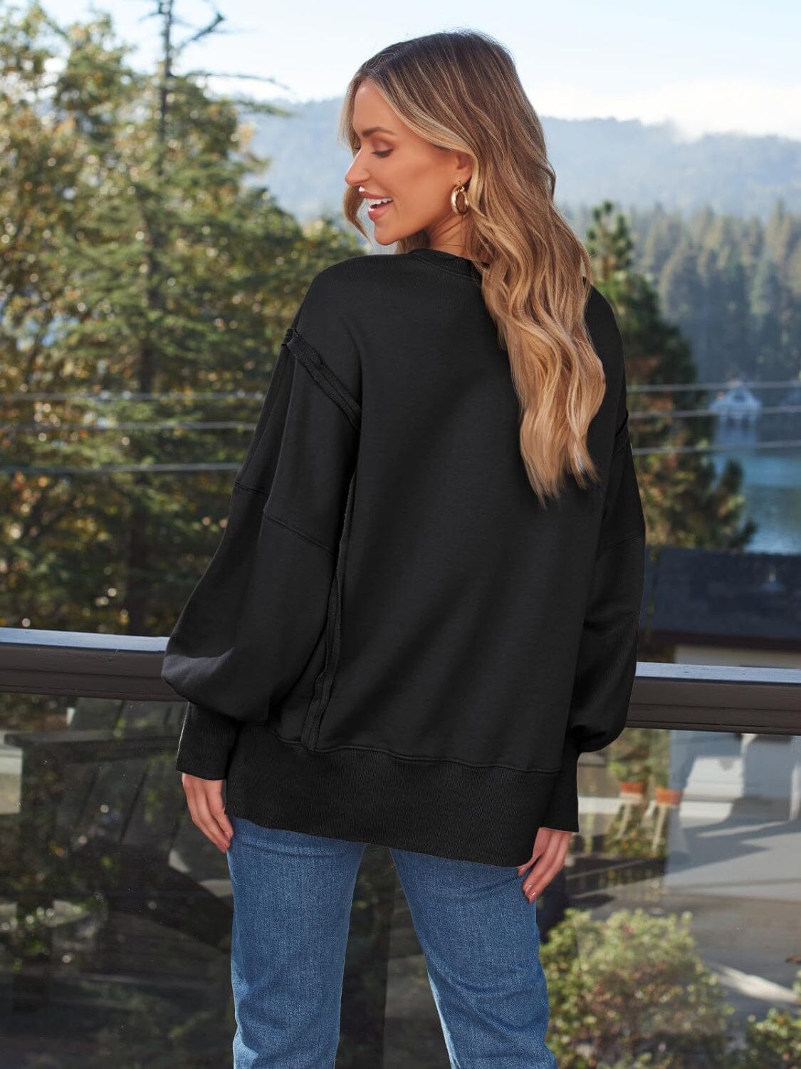 Slit Round Neck Long Sleeve Sweatshirt - Sydney So Sweet