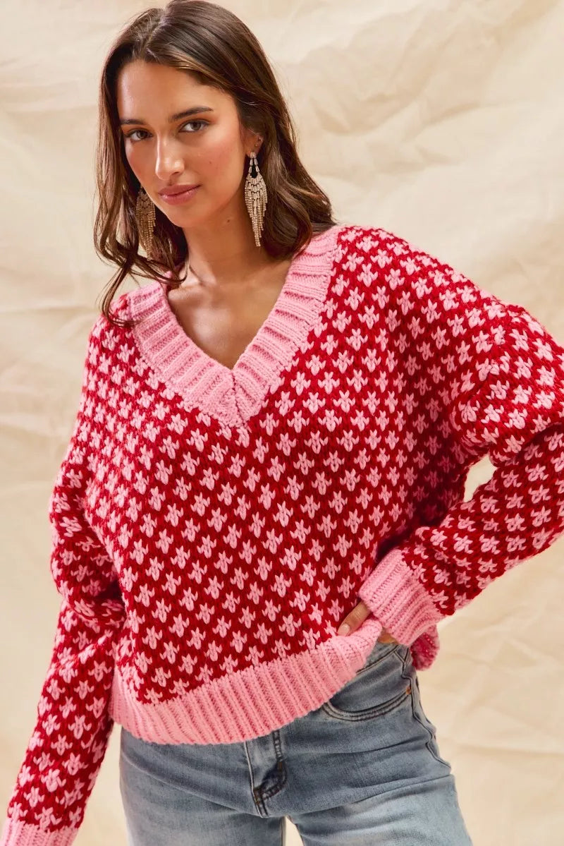 SO ME Color Block Textured Christmas Sweater V Neck Top - Sydney So Sweet