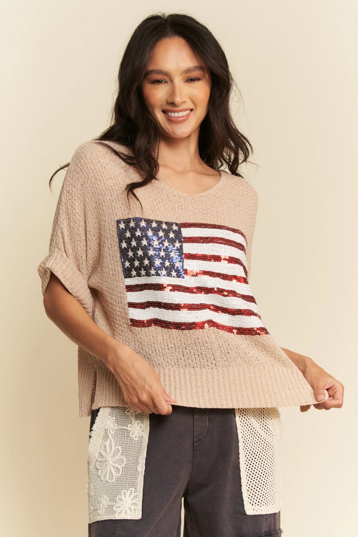 Davi & Dani Sequin American Flag Patch Short Sleeve Knit Top - Sydney So Sweet