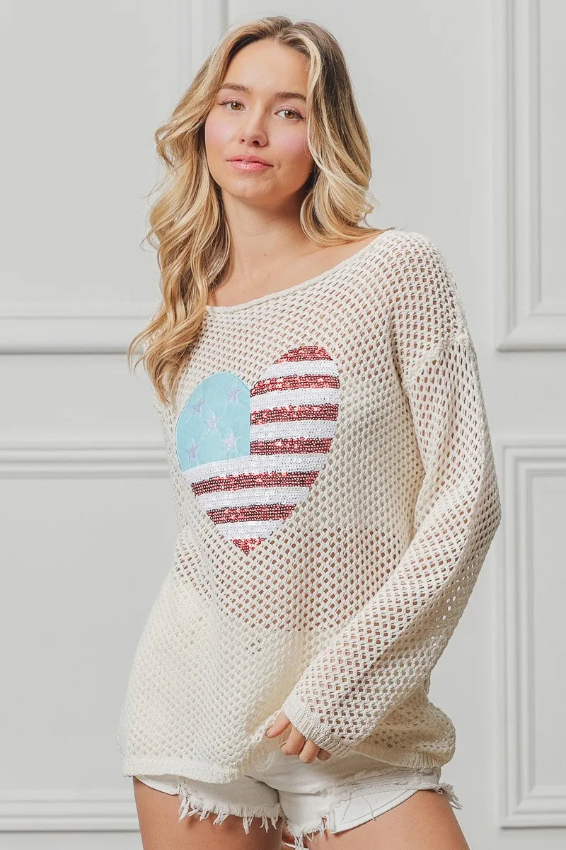 BiBi Sequin American Flag Heart Knit Up - Sydney So Sweet