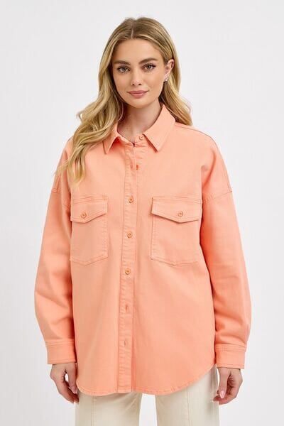 RISEN Full Size Button Down Long Sleeve Denim Shacket with Chest Pockets Plus Size - Sydney So Sweet