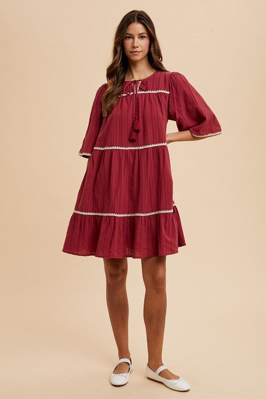 Annie Wear Tassel Contrast Trim Tie Neck Half Sleeve Tiered Dress - Sydney So Sweet