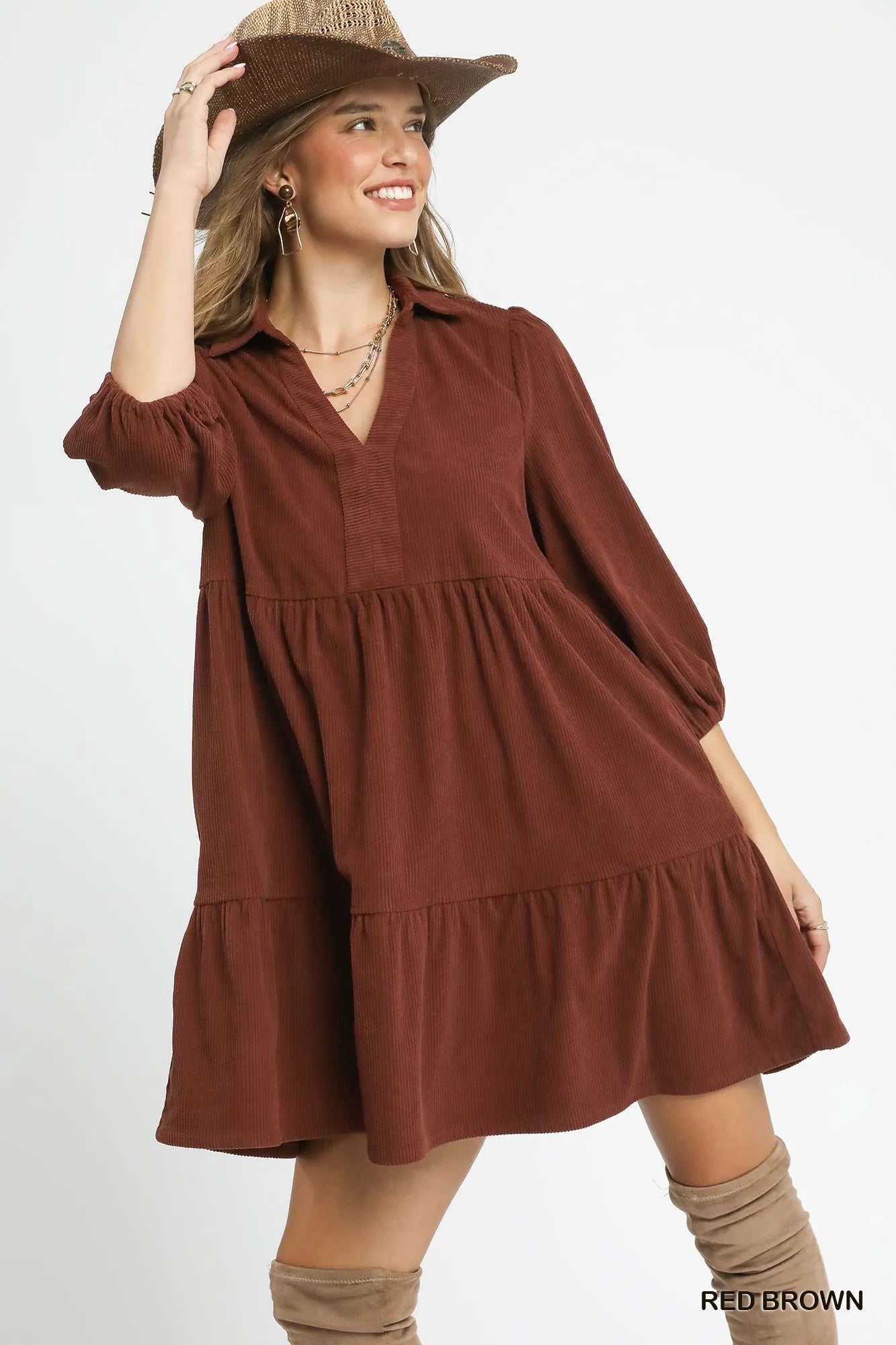 Umgee Tiered Corduroy Mini Dress with Balloon Sleeves - Sydney So Sweet