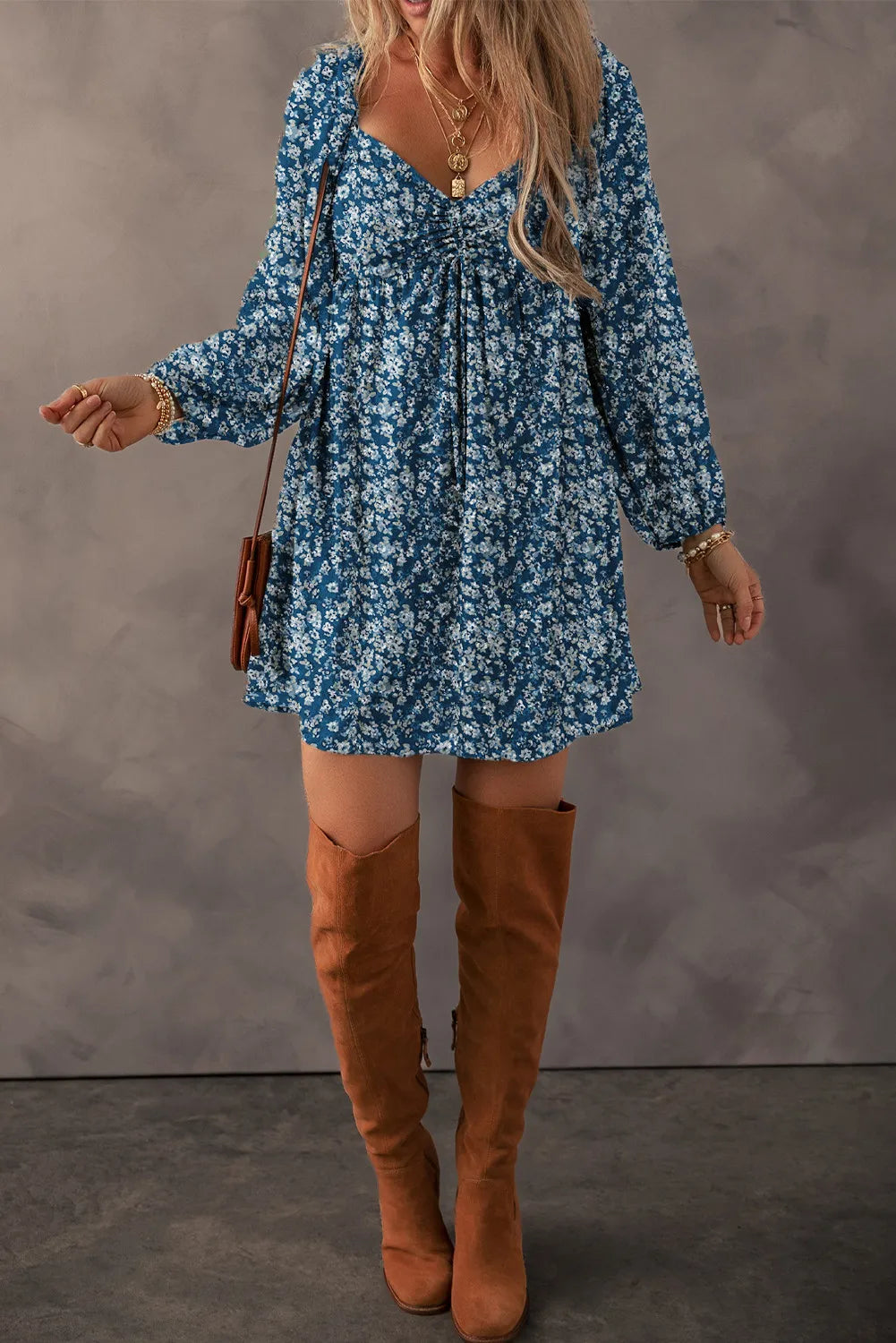 Ruched Printed Long Sleeve Mini Dress - Sydney So Sweet