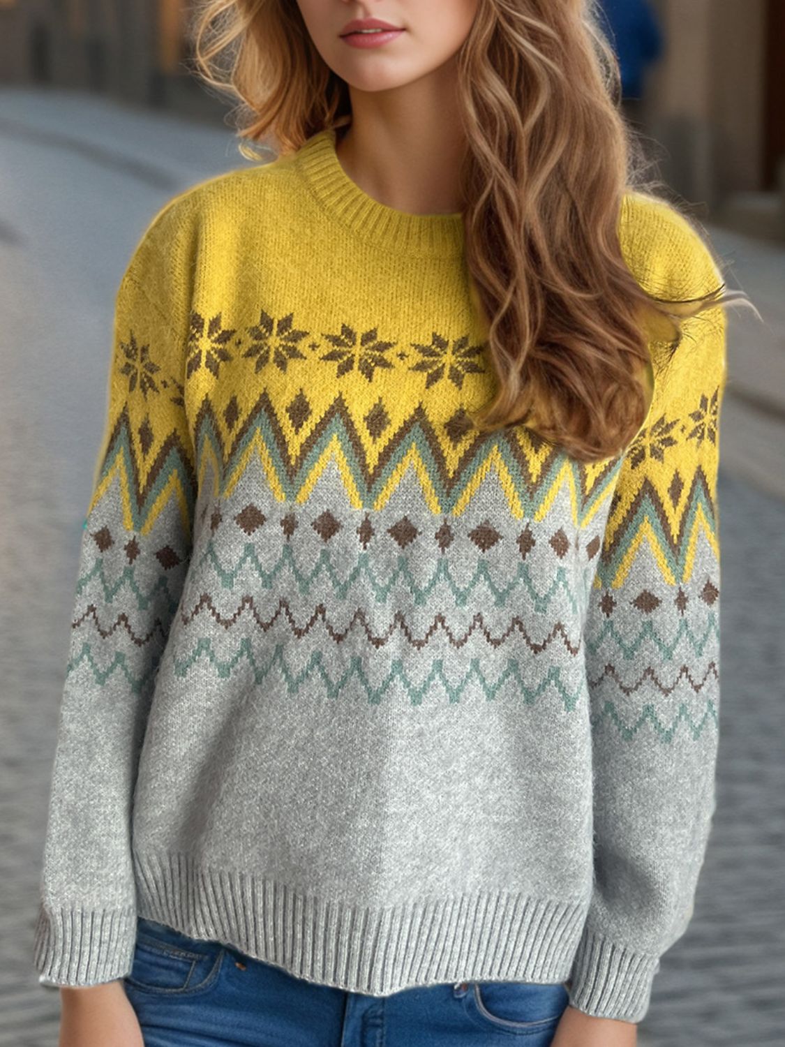 Chevron Contrast Round Neck Long Sleeve Sweater - Sydney So Sweet