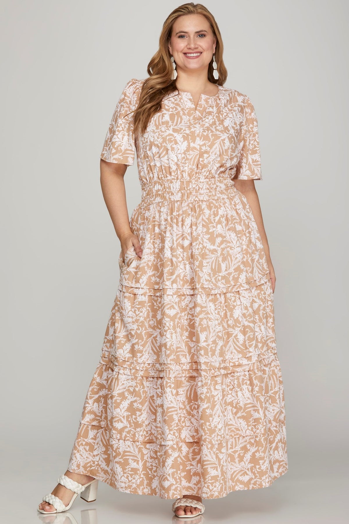 She + Sky Printed Notched Woven Tiered Pintuck Maxi Dress with Side Pockets - Sydney So Sweet