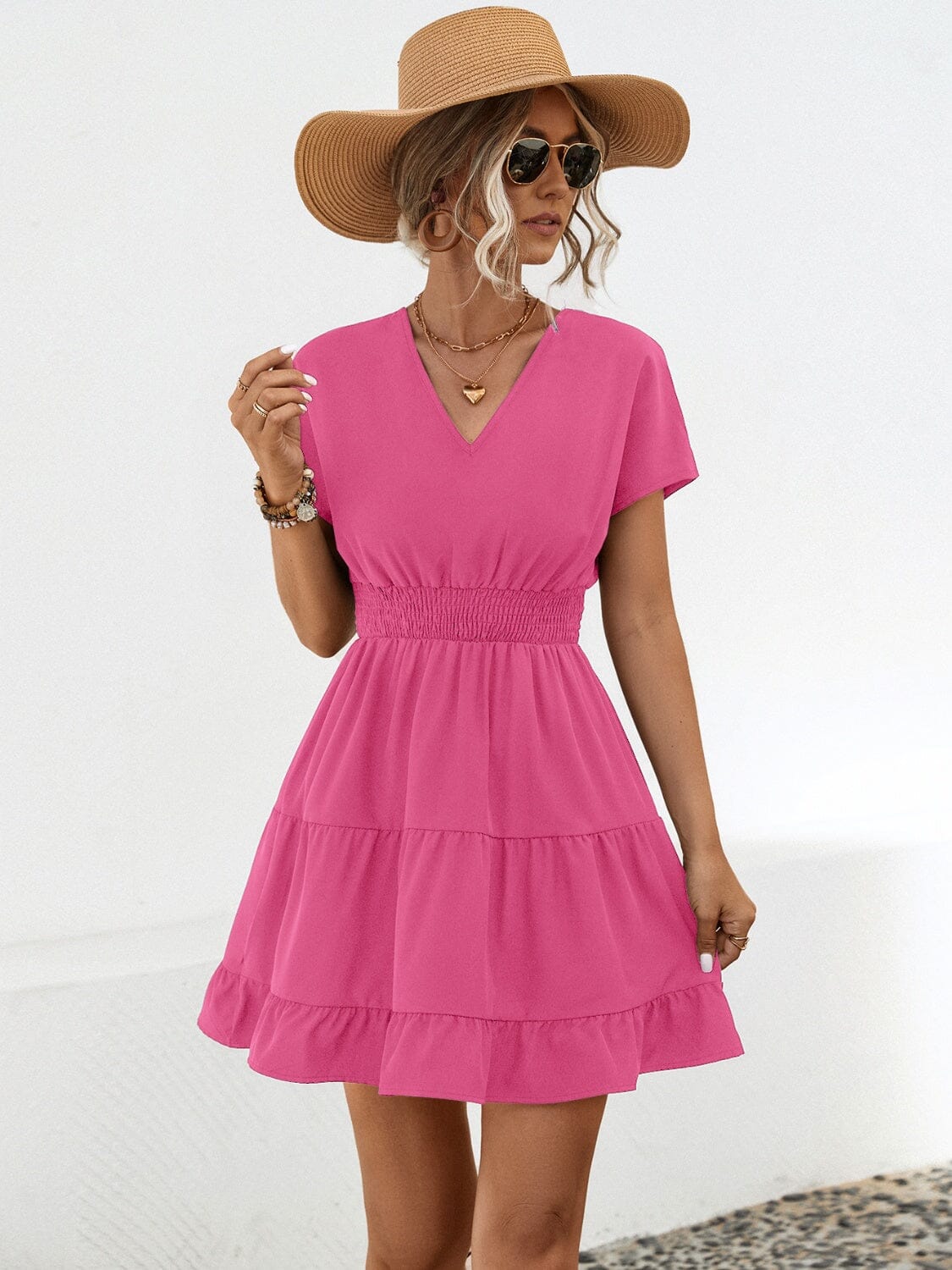 Ruffled Smocked V-Neck Tiered Dress - Sydney So Sweet