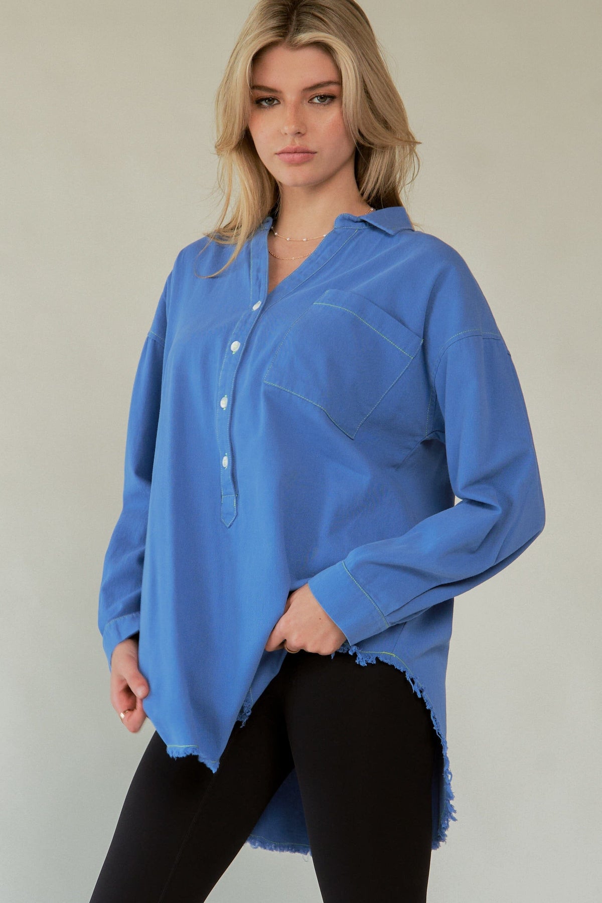 Davi & Dani Letter Back Raw Hem Half Button Shirt - Sydney So Sweet
