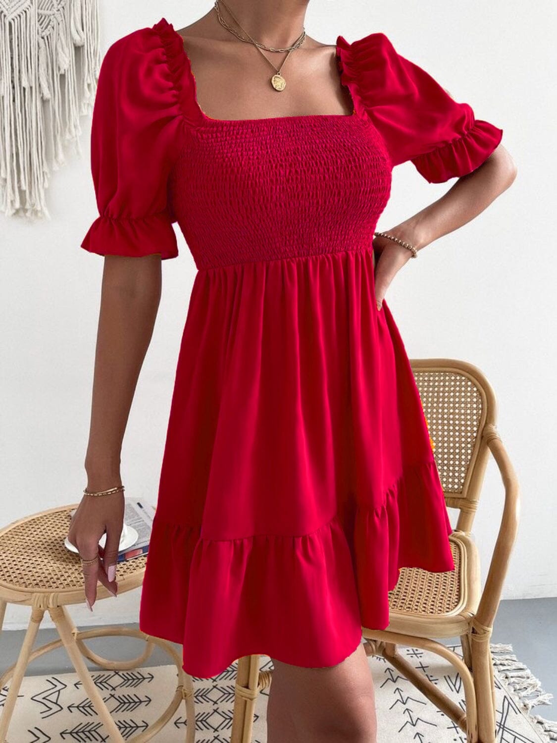 Smocked Square Neck Short Sleeve Dress - Sydney So Sweet