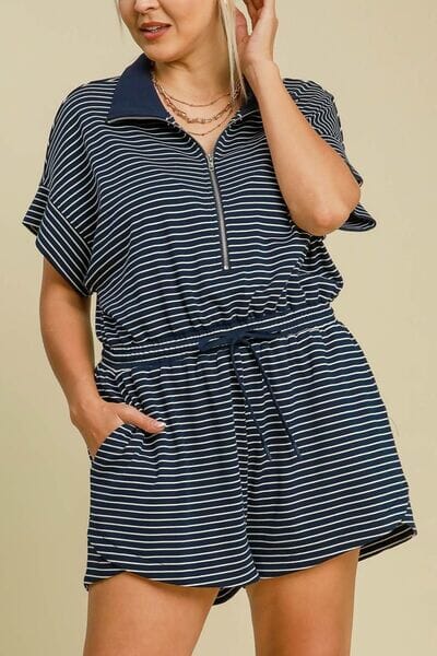 Umgee Full Size Half Zip Striped Romper Plus Size - Sydney So Sweet