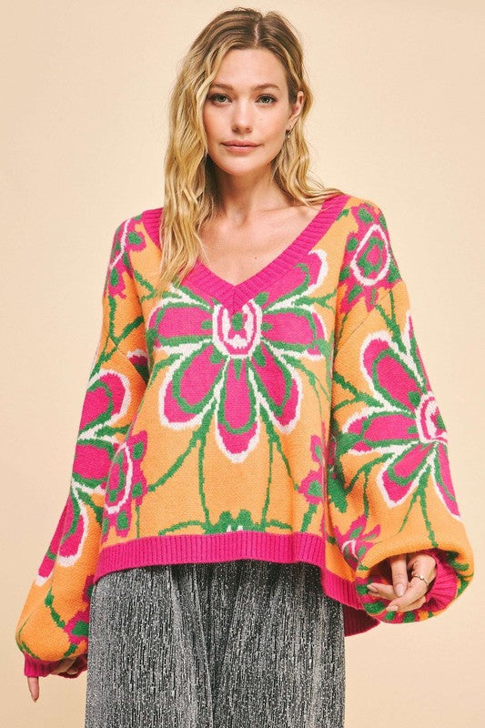 Davi & Dani Floral Contrast V-Neck Dropped Shoulder Sweater