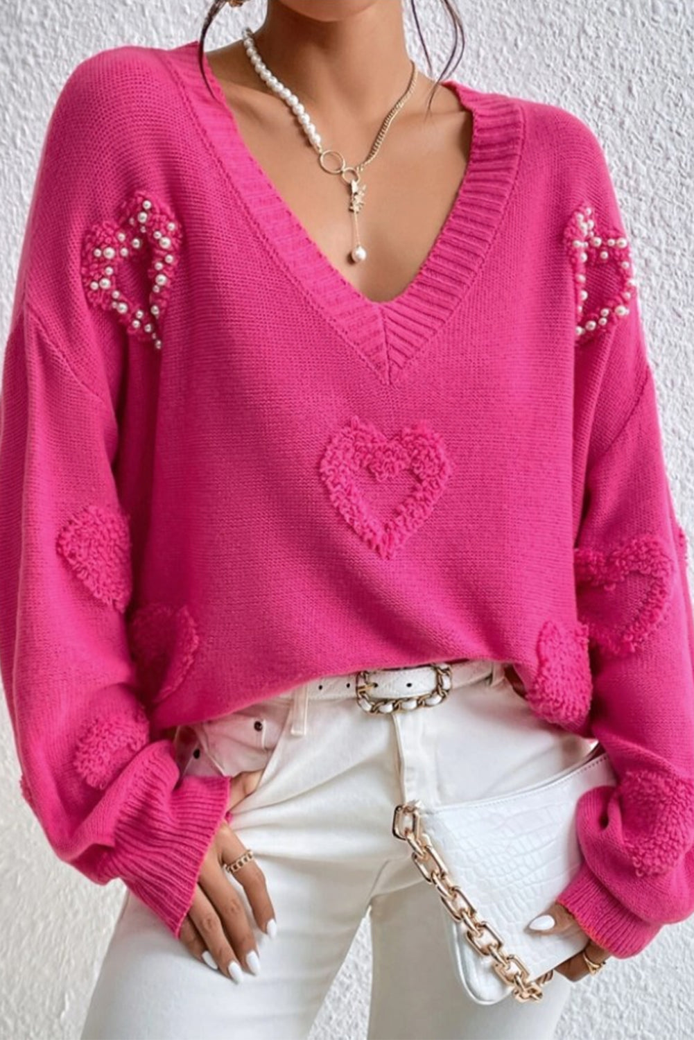 Pearl Trim Heart V-Neck Sweater - Sydney So Sweet